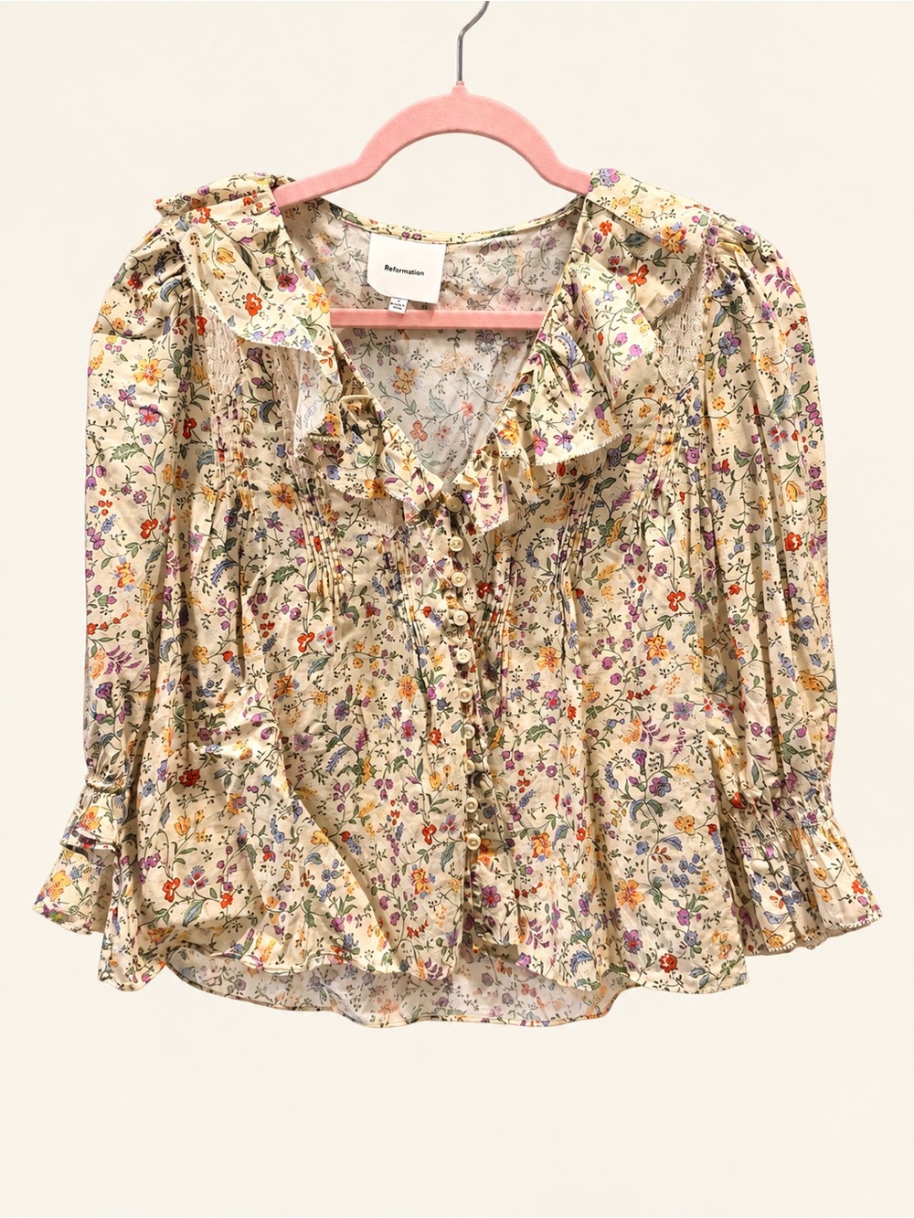 Reformation Meadowlark Floral Ruffle Blouse Cream Size S